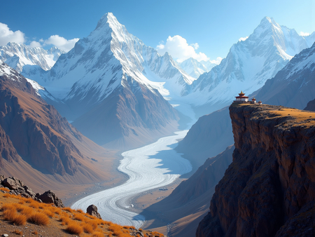Tableau paysage de l’Himalaya avec un temple tibétain niché au pied d’une montagne vertigineuse. Une scène grandiose et spirituelle dans un décor naturel saisissant.