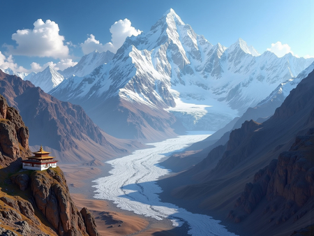 Tableau paysage de l’Himalaya avec un temple tibétain niché au pied d’une montagne vertigineuse. Une scène grandiose et spirituelle dans un décor naturel saisissant.