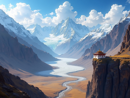 Tableau paysage de l’Himalaya avec un temple tibétain niché au pied d’une montagne vertigineuse. Une scène grandiose et spirituelle dans un décor naturel saisissant.