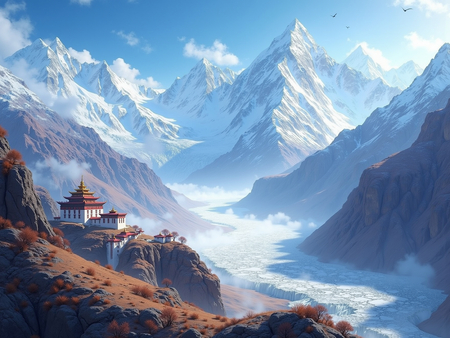 Tableau paysage de l’Himalaya avec un temple tibétain niché au pied d’une montagne vertigineuse. Une scène grandiose et spirituelle dans un décor naturel saisissant.
