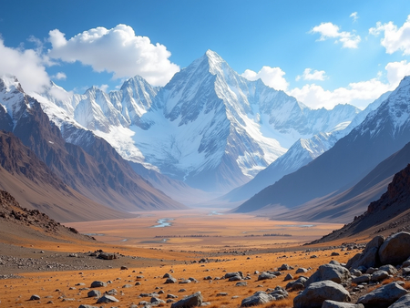 Tableau photographique représentant les montagnes de l’Himalaya surplombant un vaste plateau désertique. Une scène naturelle saisissante entre immensité minérale et paysage aride.
