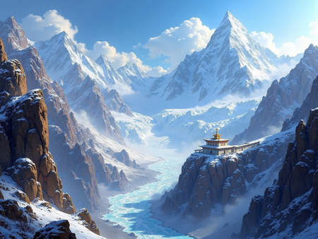 Tableau paysage de l’Himalaya avec un temple tibétain niché au pied d’une montagne vertigineuse. Une scène grandiose et spirituelle dans un décor naturel saisissant.