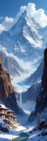 Tableau paysage de l’Himalaya avec un temple tibétain niché au pied d’une montagne vertigineuse. Une scène grandiose et spirituelle dans un décor naturel saisissant.