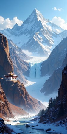 Tableau paysage de l’Himalaya avec un temple tibétain niché au pied d’une montagne vertigineuse. Une scène grandiose et spirituelle dans un décor naturel saisissant.