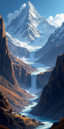 Tableau paysage de l’Himalaya avec un temple tibétain niché au pied d’une montagne vertigineuse. Une scène grandiose et spirituelle dans un décor naturel saisissant.