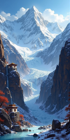 Tableau paysage de l’Himalaya avec un temple tibétain niché au pied d’une montagne vertigineuse. Une scène grandiose et spirituelle dans un décor naturel saisissant.
