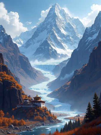 Tableau paysage de l’Himalaya avec un temple tibétain niché au pied d’une montagne vertigineuse. Une scène grandiose et spirituelle dans un décor naturel saisissant.