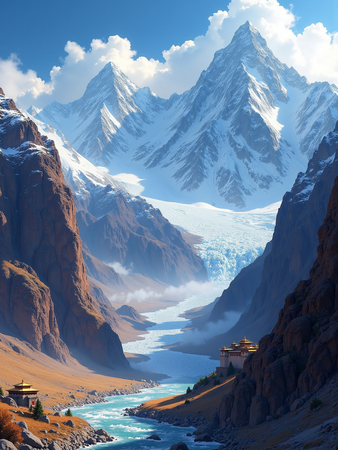 Tableau paysage de l’Himalaya avec un temple tibétain niché au pied d’une montagne vertigineuse. Une scène grandiose et spirituelle dans un décor naturel saisissant.