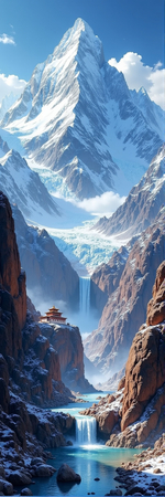 Tableau paysage de l’Himalaya avec un temple tibétain niché au pied d’une montagne vertigineuse. Une scène grandiose et spirituelle dans un décor naturel saisissant.