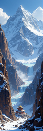Tableau paysage de l’Himalaya avec un temple tibétain niché au pied d’une montagne vertigineuse. Une scène grandiose et spirituelle dans un décor naturel saisissant.