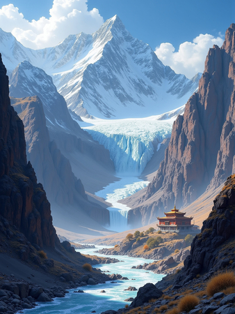 Tableau paysage de l’Himalaya avec un temple tibétain niché au pied d’une montagne vertigineuse. Une scène grandiose et spirituelle dans un décor naturel saisissant.