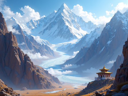 Tableau paysage de l’Himalaya avec un temple tibétain niché au pied d’une montagne vertigineuse. Une scène grandiose et spirituelle dans un décor naturel saisissant.