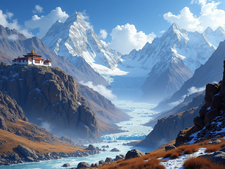 Tableau paysage de l’Himalaya avec un temple tibétain niché au pied d’une montagne vertigineuse. Une scène grandiose et spirituelle dans un décor naturel saisissant.