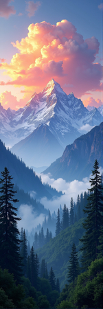 ableau photographique représentant des sommets enneigés et une forêt de conifères plongée dans la brume. Un paysage majestueux et contrasté entre montagne et forêt.