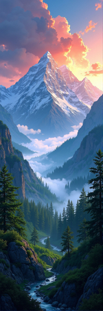 ableau photographique représentant des sommets enneigés et une forêt de conifères plongée dans la brume. Un paysage majestueux et contrasté entre montagne et forêt.