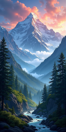 ableau photographique représentant des sommets enneigés et une forêt de conifères plongée dans la brume. Un paysage majestueux et contrasté entre montagne et forêt.