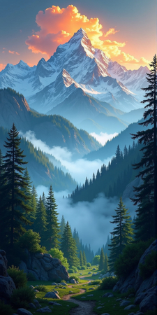 ableau photographique représentant des sommets enneigés et une forêt de conifères plongée dans la brume. Un paysage majestueux et contrasté entre montagne et forêt.