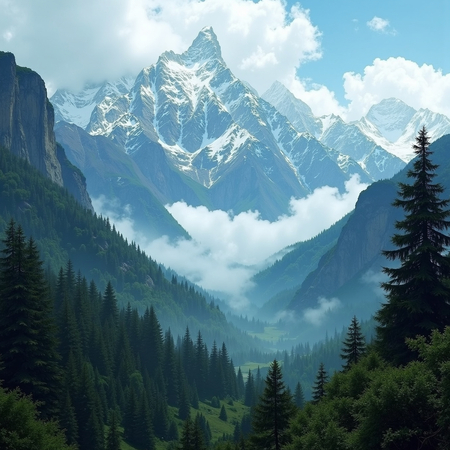 ableau photographique représentant des sommets enneigés et une forêt de conifères plongée dans la brume. Un paysage majestueux et contrasté entre montagne et forêt.