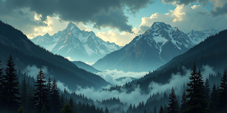ableau photographique représentant des sommets enneigés et une forêt de conifères plongée dans la brume. Un paysage majestueux et contrasté entre montagne et forêt.