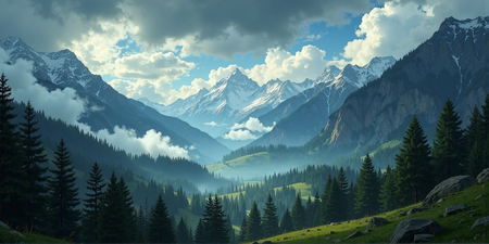 ableau photographique représentant des sommets enneigés et une forêt de conifères plongée dans la brume. Un paysage majestueux et contrasté entre montagne et forêt.