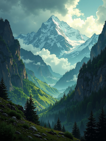 ableau photographique représentant des sommets enneigés et une forêt de conifères plongée dans la brume. Un paysage majestueux et contrasté entre montagne et forêt.