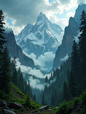 ableau photographique représentant des sommets enneigés et une forêt de conifères plongée dans la brume. Un paysage majestueux et contrasté entre montagne et forêt.