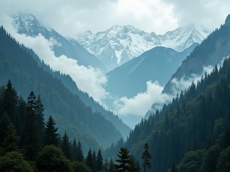 ableau photographique représentant des sommets enneigés et une forêt de conifères plongée dans la brume. Un paysage majestueux et contrasté entre montagne et forêt.