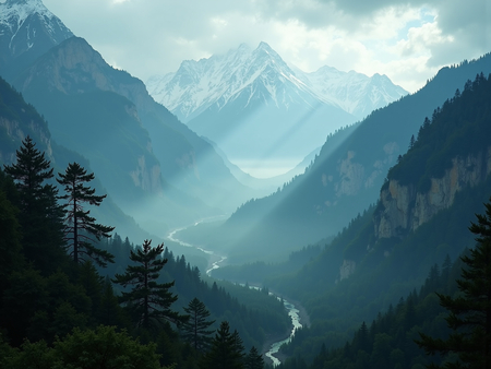 ableau photographique représentant des sommets enneigés et une forêt de conifères plongée dans la brume. Un paysage majestueux et contrasté entre montagne et forêt.