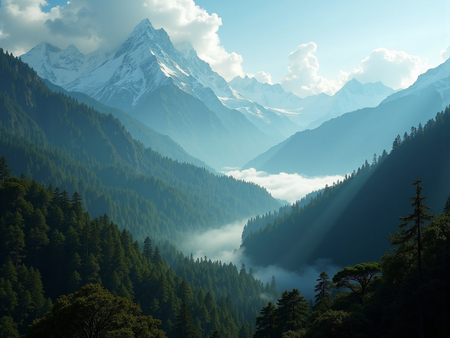ableau photographique représentant des sommets enneigés et une forêt de conifères plongée dans la brume. Un paysage majestueux et contrasté entre montagne et forêt.
