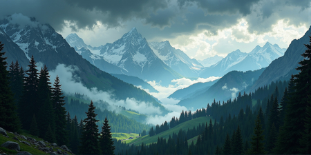 ableau photographique représentant des sommets enneigés et une forêt de conifères plongée dans la brume. Un paysage majestueux et contrasté entre montagne et forêt.