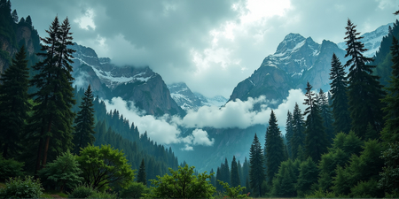 ableau photographique représentant des sommets enneigés et une forêt de conifères plongée dans la brume. Un paysage majestueux et contrasté entre montagne et forêt.