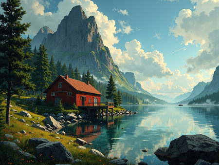 Tableau représentant un paysage scandinave de montagne en Suède, avec un lac paisible bordé par une maison en bois rouge typique. Une scène nordique majestueuse et apaisante.