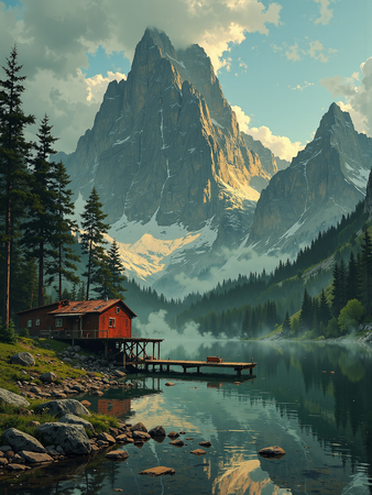 Tableau représentant un paysage scandinave de montagne en Suède, avec un lac paisible bordé par une maison en bois rouge typique. Une scène nordique majestueuse et apaisante.