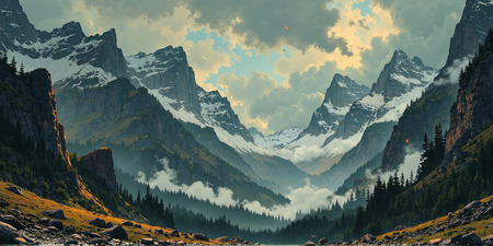Tableau paysage montagneux au crépuscule, illustration aux couleurs marquées, montagnes impressionantes sous des nuages menaçants. 