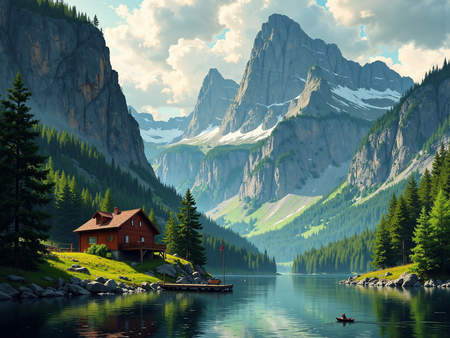 Tableau représentant un paysage scandinave de montagne en Suède, avec un lac paisible bordé par une maison en bois rouge typique. Une scène nordique majestueuse et apaisante.