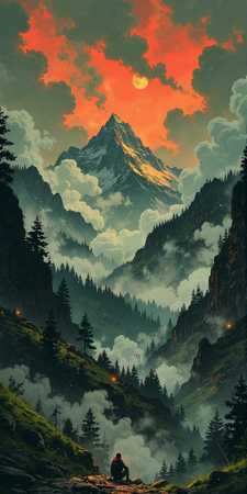 Tableau hyper réaliste représentant un homme solitaire contemplant une montagne au crépuscule. Scène silencieuse et lumineuse, idéale pour une décoration apaisante.
