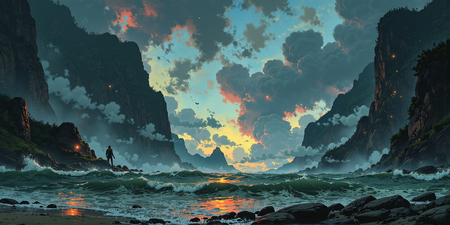 Tableau illustratif hyper réaliste représentant un minuscule personnage seul face à l'immensité d'une mer calme et de montagnes imposantes. Une scène contemplative et poétique.