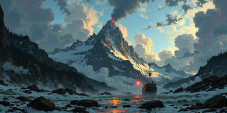 Tableau illustratif hyper réaliste représentant un paysage de montagnes enneigées avec un fjord, et un grand voilier avançant vers un sommet illuminé par un feu.