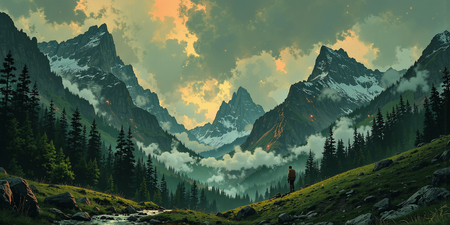 Tableau hyper réaliste représentant un homme solitaire contemplant une montagne au crépuscule. Scène silencieuse et lumineuse, idéale pour une décoration apaisante.