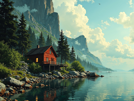 Tableau représentant un paysage scandinave de montagne en Suède, avec un lac paisible bordé par une maison en bois rouge typique. Une scène nordique majestueuse et apaisante.
