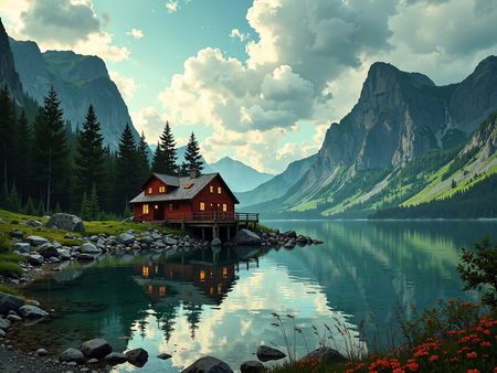 Tableau représentant un paysage scandinave de montagne en Suède, avec un lac paisible bordé par une maison en bois rouge typique. Une scène nordique majestueuse et apaisante.