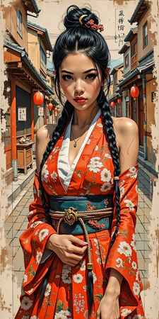 Tableau digital représentant une jeune femme blonde en kimono rouge fleuri, style sexy et destroy, dans une ruelle asiatique vintage. Pour les fans de manga, jeux vidéo et univers geek.