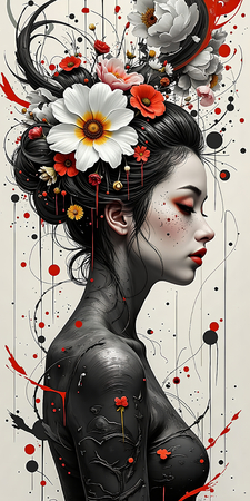 Tableau fantastique imprimé présentant un portrait féminin dynamique d'inspiration gothique, Tim Burton et manga japonais. Illustration originale et surnaturelle.