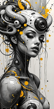Tableau fantastique imprimé présentant un portrait féminin dynamique d'inspiration gothique, Tim Burton et manga japonais. Illustration originale et surnaturelle.