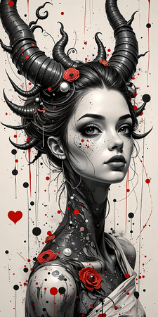 Tableau fantastique imprimé présentant un portrait féminin dynamique d'inspiration gothique, Tim Burton et manga japonais. Illustration originale et surnaturelle.