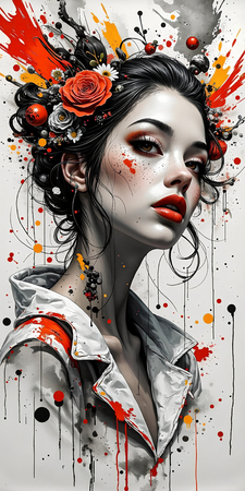 Tableau fantastique imprimé présentant un portrait féminin dynamique d'inspiration gothique, Tim Burton et manga japonais. Illustration originale et surnaturelle.