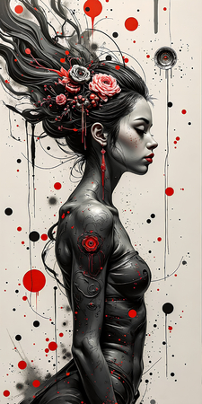 Tableau fantastique imprimé présentant un portrait féminin dynamique d'inspiration gothique, Tim Burton et manga japonais. Illustration originale et surnaturelle.