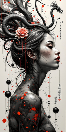Tableau fantastique imprimé présentant un portrait féminin dynamique d'inspiration gothique, Tim Burton et manga japonais. Illustration originale et surnaturelle.