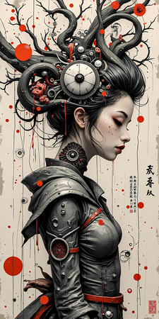 Tableau fantastique imprimé présentant un portrait féminin dynamique d'inspiration gothique, Tim Burton et manga japonais. Illustration originale et surnaturelle.
