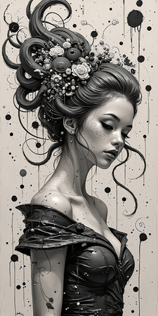Tableau fantastique en noir et blanc représentant un portrait féminin gothique aux inspirations japonaises et burtoniennes. Illustration expressive et captivante.